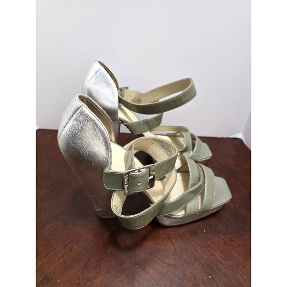 Velvet ANGEL Metallic Silver & Olive Green Strappy High Heel Sandals Buckle Clos - Picture 3 of 14